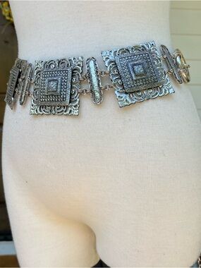 Vintage Ornate Silver-Tone Metal Panel Belt | Boho Filigree Statement Belt